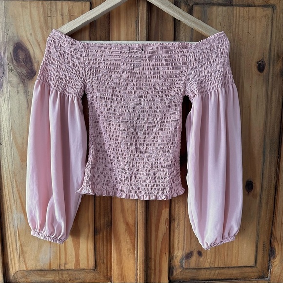 NWT Streetwear Society Pink Off Shoulder Top Puffy Sleeves Shirring Bust - Med - Picture 2 of 8